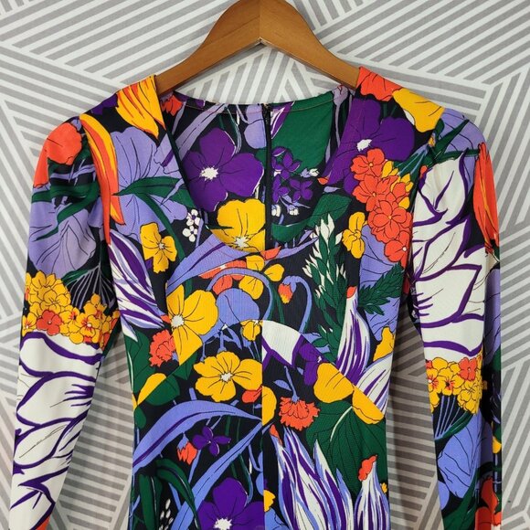 Vintage 60s Dress XXS XS Small Hostess Maxi Psychedelic Tie Waist Floral maxi - Picture 2 of 9